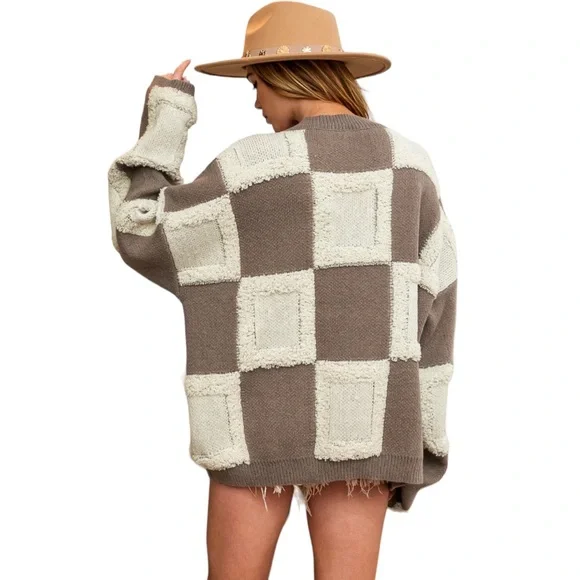 NWT Mocha Brown Combo Loop Edge Checkered V-Neck Sweater Cardigan - Picture 3 of 3